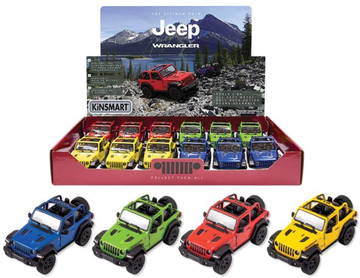 KINSMART – 2018 Jeep Wrangler (Open Top) – Modellino cm12 c/porte apribili – c/pull-back and go In espo da 12pz (42x28cm) 4ass…x12…x48